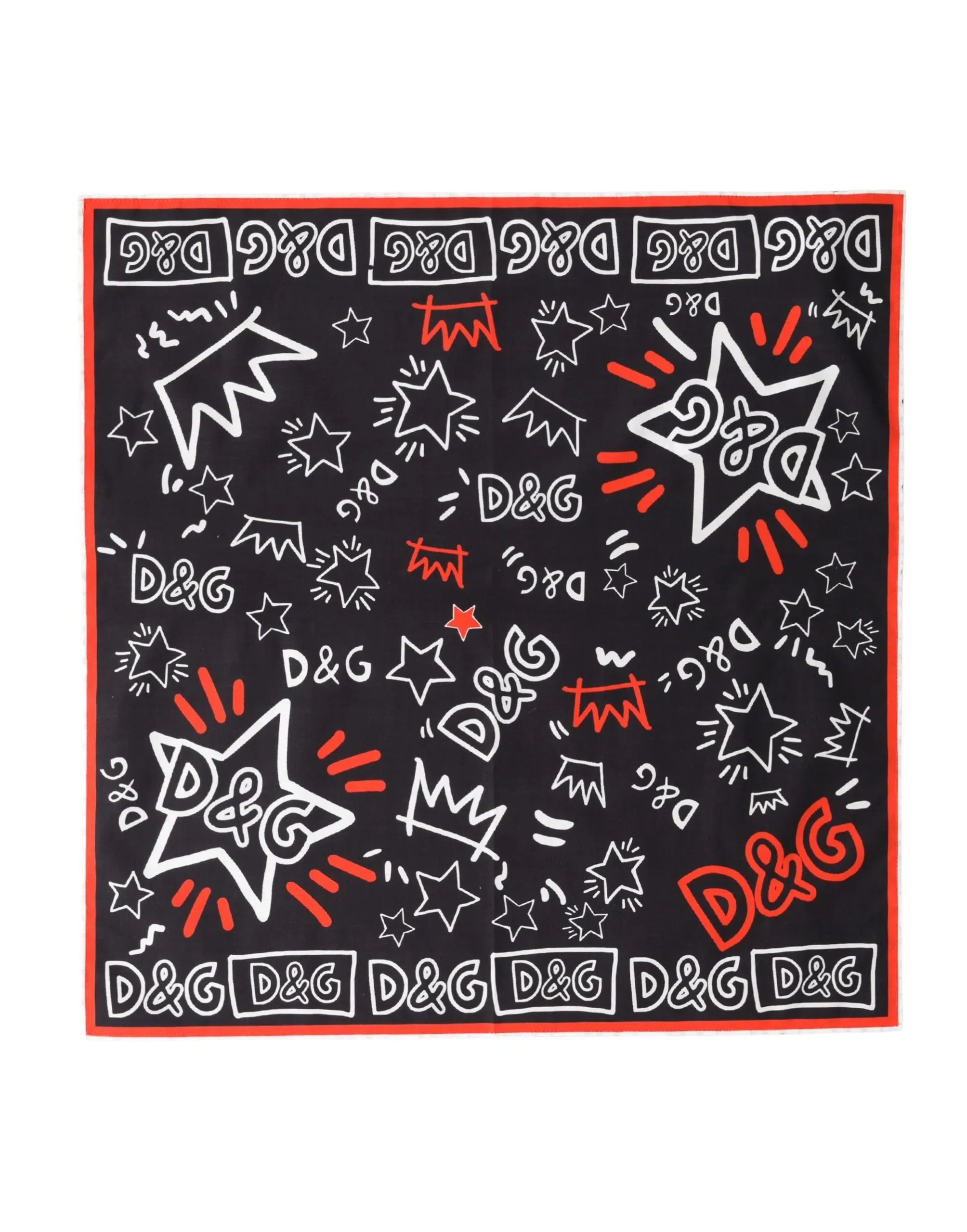 Dolce & Gabbana Black White Red DG Crown Cotton Foulard 47cm x 46cm Scarf - Zeiniez