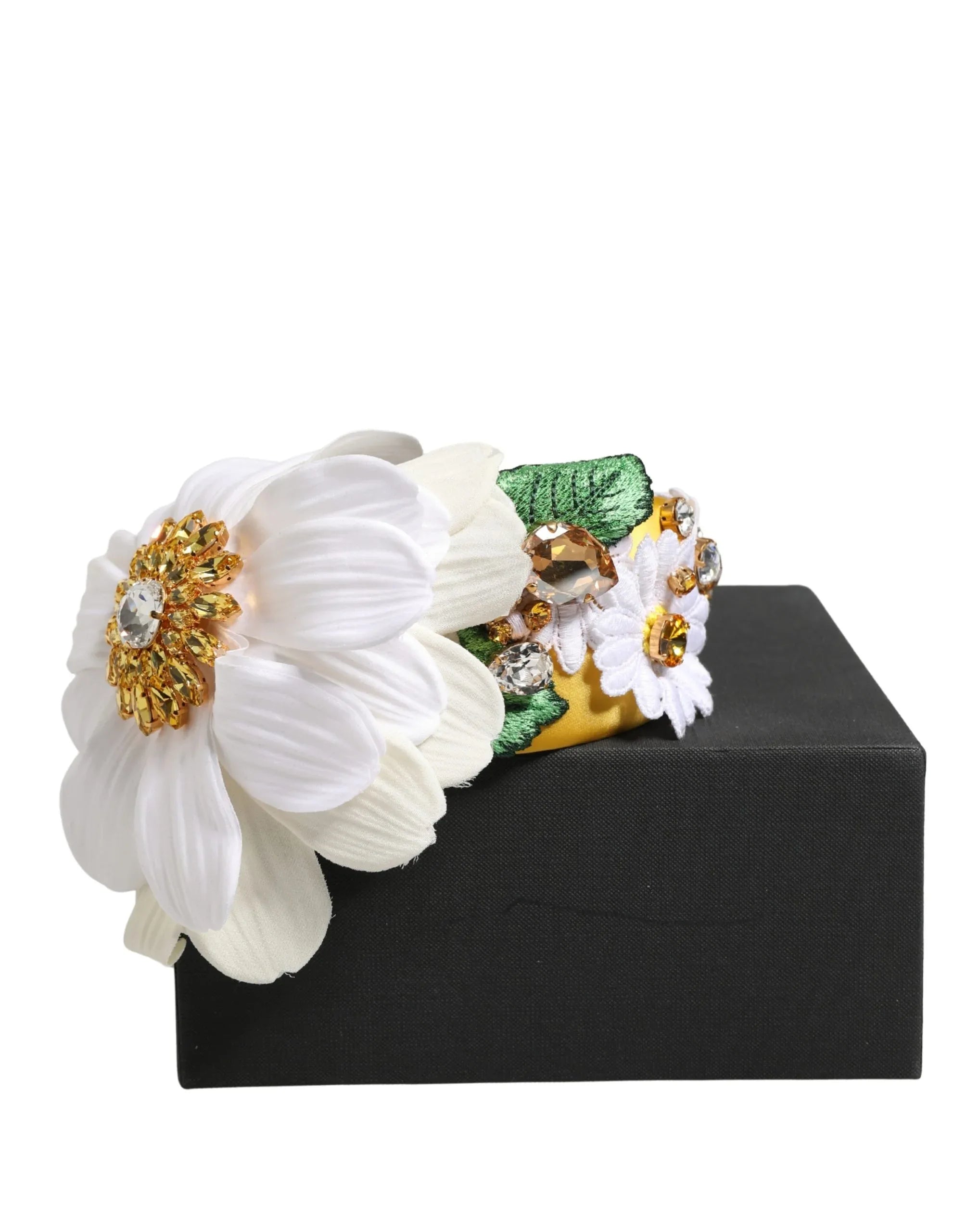 Dolce & Gabbana White Yellow Silk Blend Floral Crystals Diadem Headband - Zeiniez