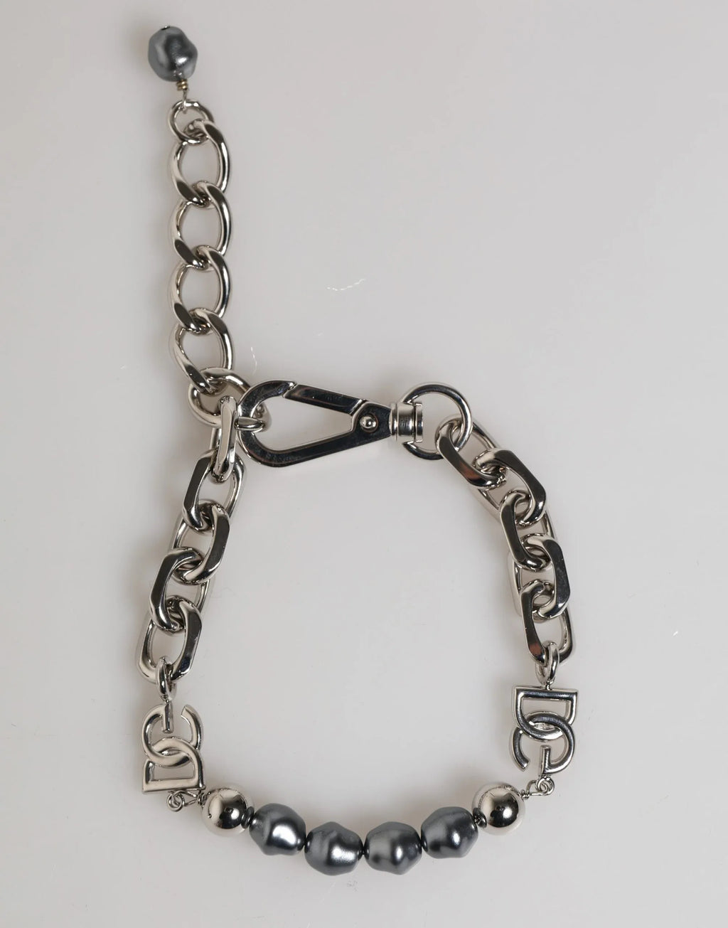 Dolce & Gabbana Silver Tone Chain Lobster Clasp Logo Gray Pearls Bracelet - Zeiniez