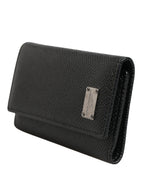 Dolce & Gabbana Black Leather Silver Metal Logo Plaque Trifold Keyring