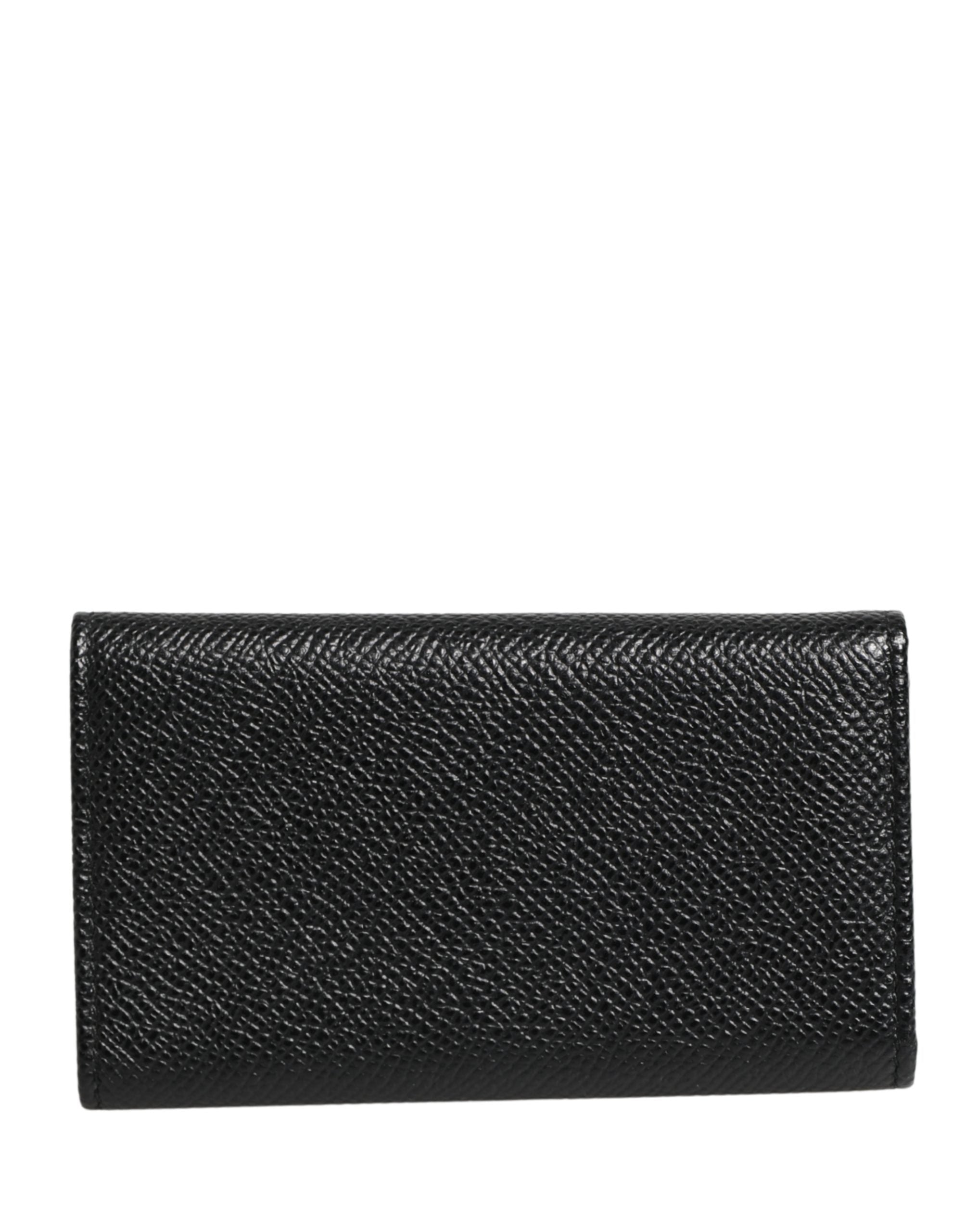 Dolce & Gabbana Black Leather Silver Metal Logo Plaque Trifold Keyring