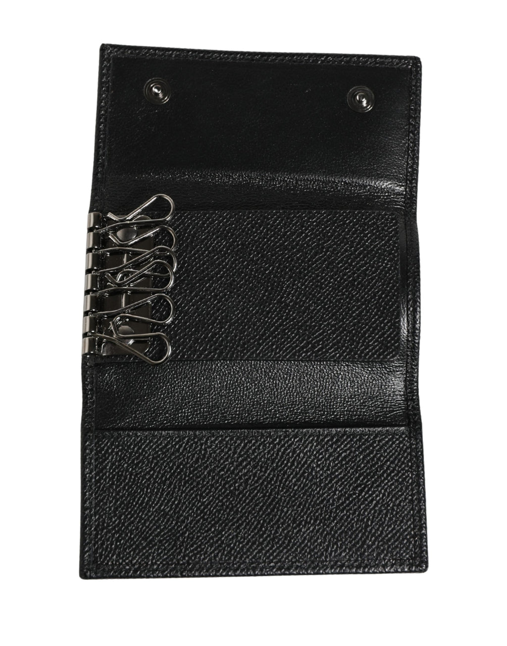 Dolce & Gabbana Black Leather Silver Metal Logo Plaque Trifold Keyring