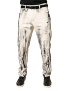 Dolce & Gabbana White Distressed Paint Print LooseDenim Jeans - Zeiniez