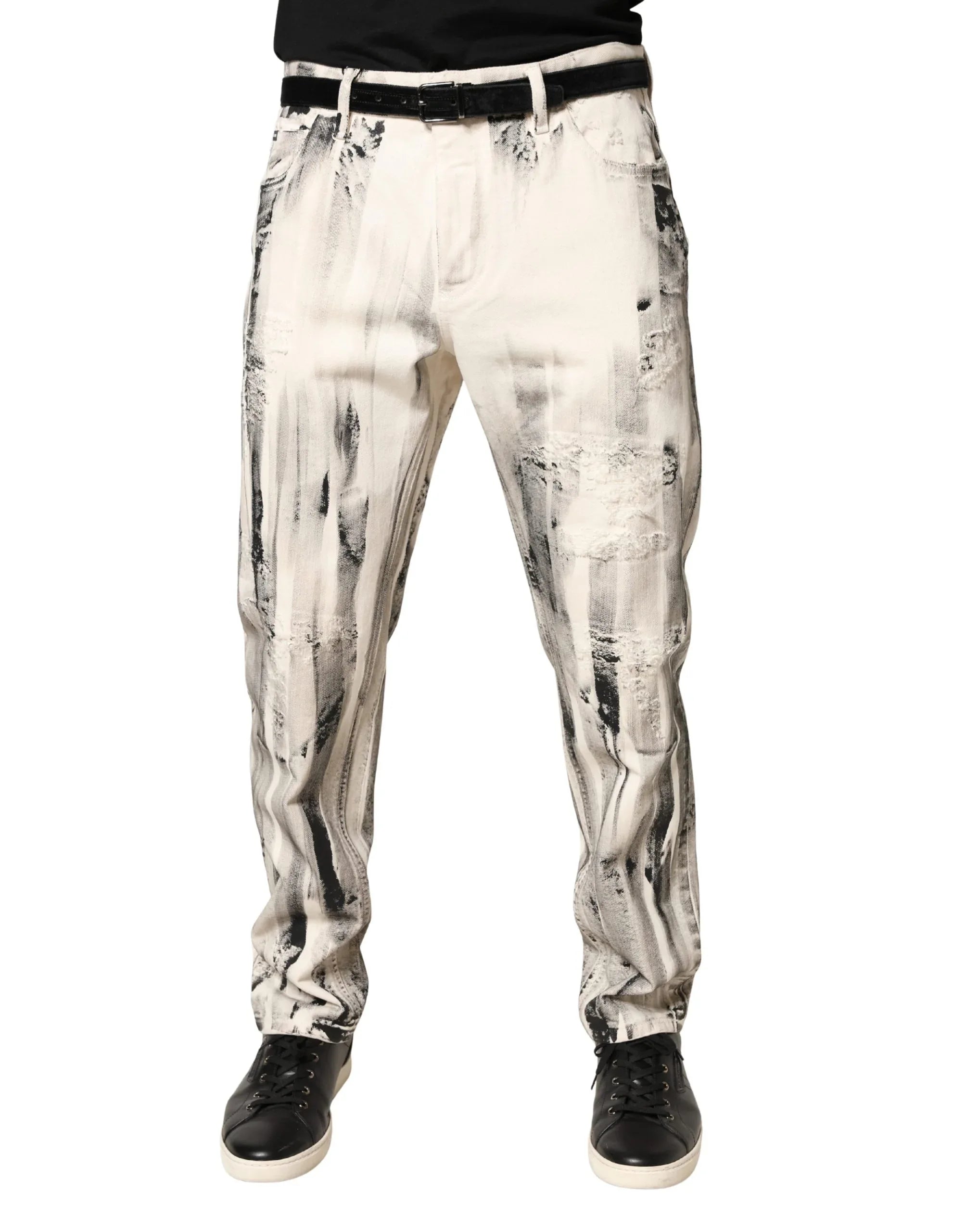 Dolce & Gabbana White Distressed Paint Print LooseDenim Jeans - Zeiniez