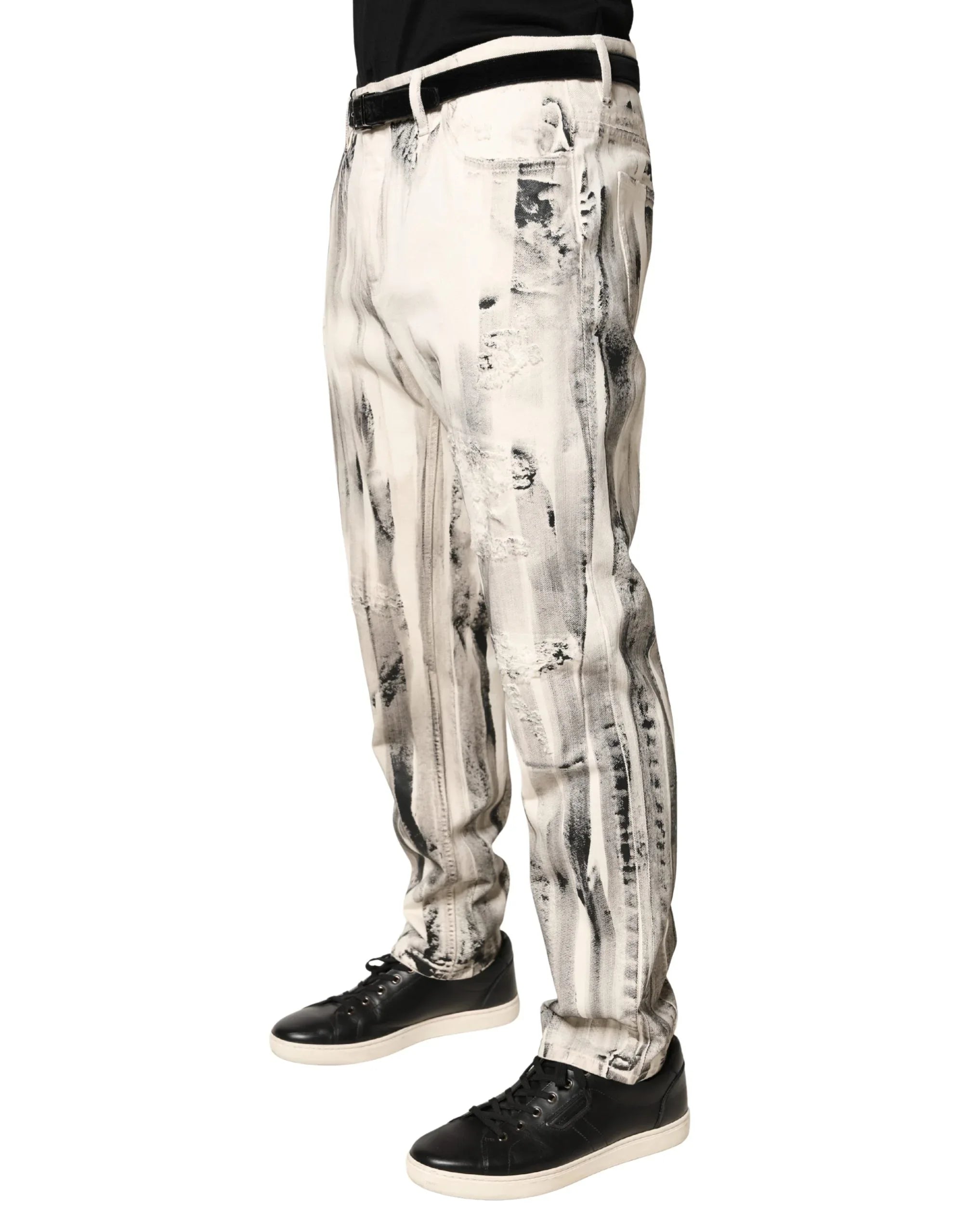 Dolce & Gabbana White Distressed Paint Print LooseDenim Jeans - Zeiniez