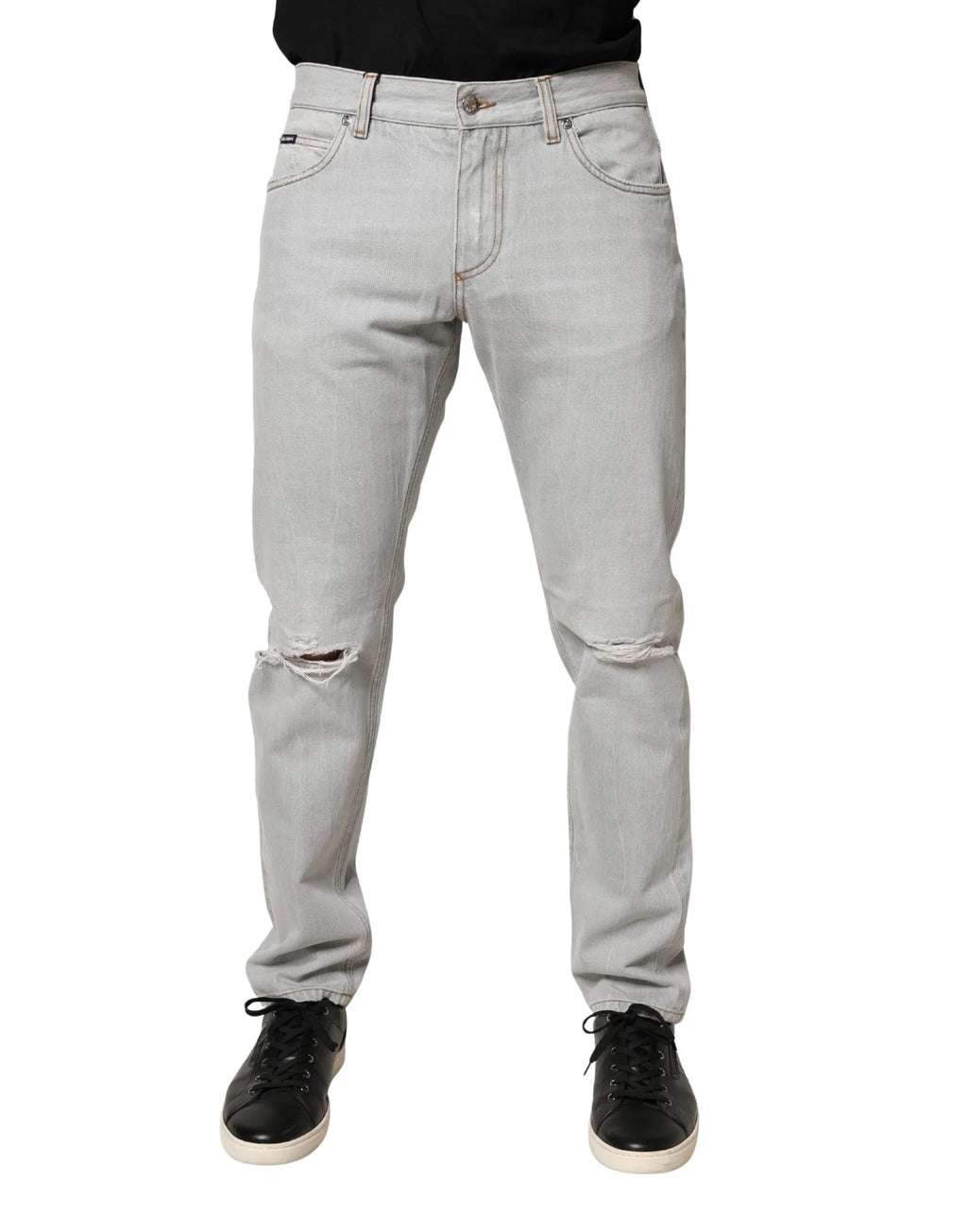 Dolce & Gabbana Light Gray Ripped Cotton Regular Denim Jeans - Zeiniez