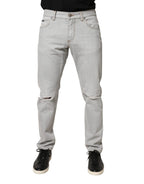 Dolce & Gabbana Light Gray Ripped Cotton Regular Denim Jeans - Zeiniez