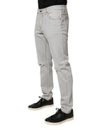 Dolce & Gabbana Light Gray Ripped Cotton Regular Denim Jeans - Zeiniez