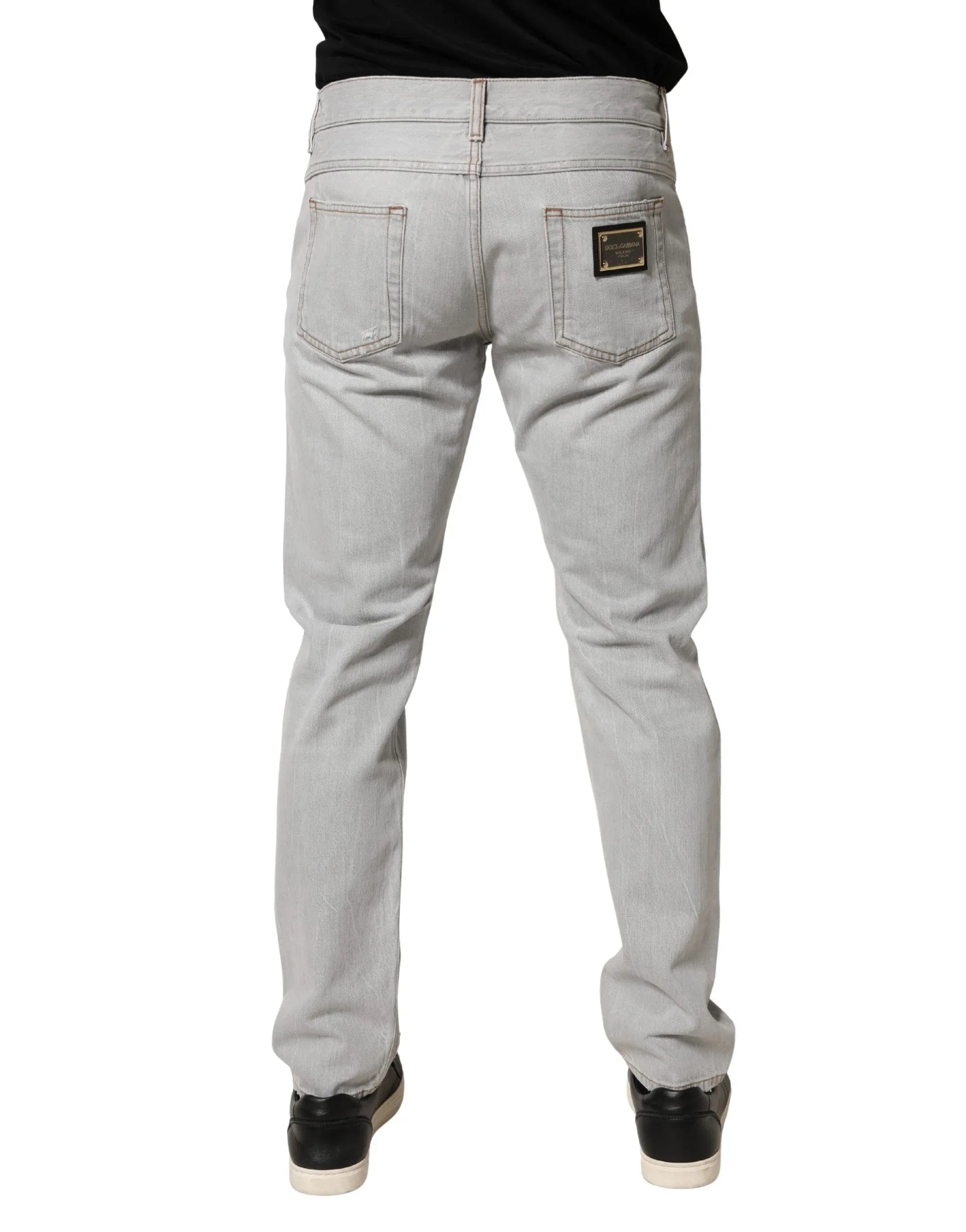 Dolce & Gabbana Light Gray Ripped Cotton Regular Denim Jeans - Zeiniez