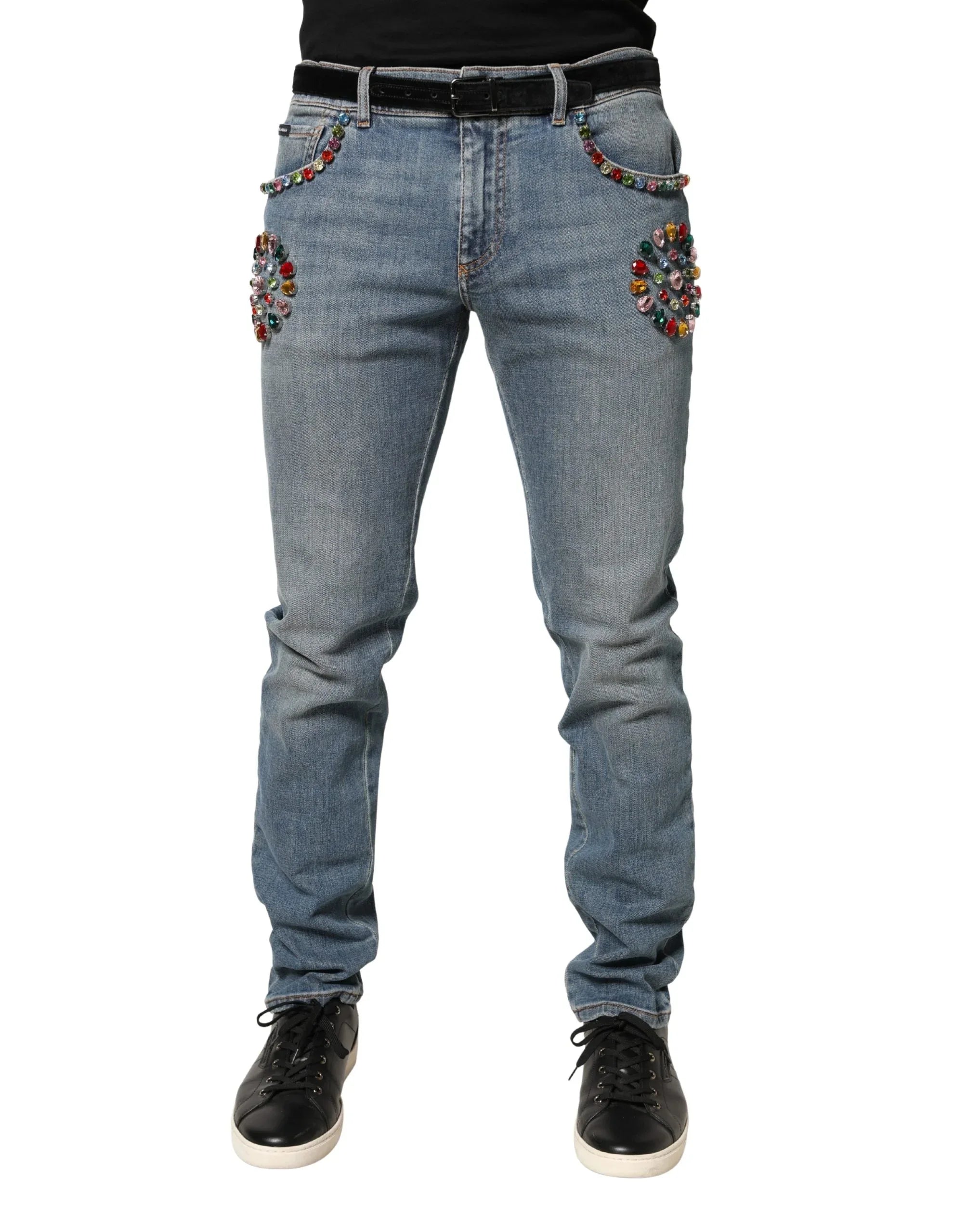 Dolce & Gabbana Blue Embellished Loose Cotton Men Denim Jeans - Zeiniez