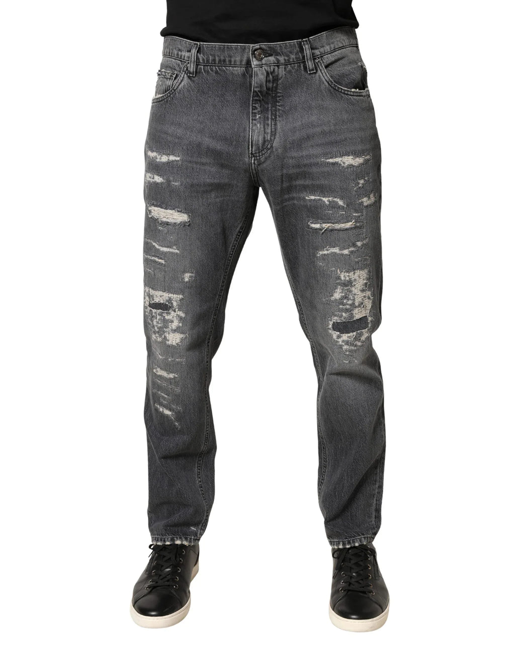 Dolce & Gabbana Dark Gray Tattered Cotton Loose Denim Jeans - Zeiniez