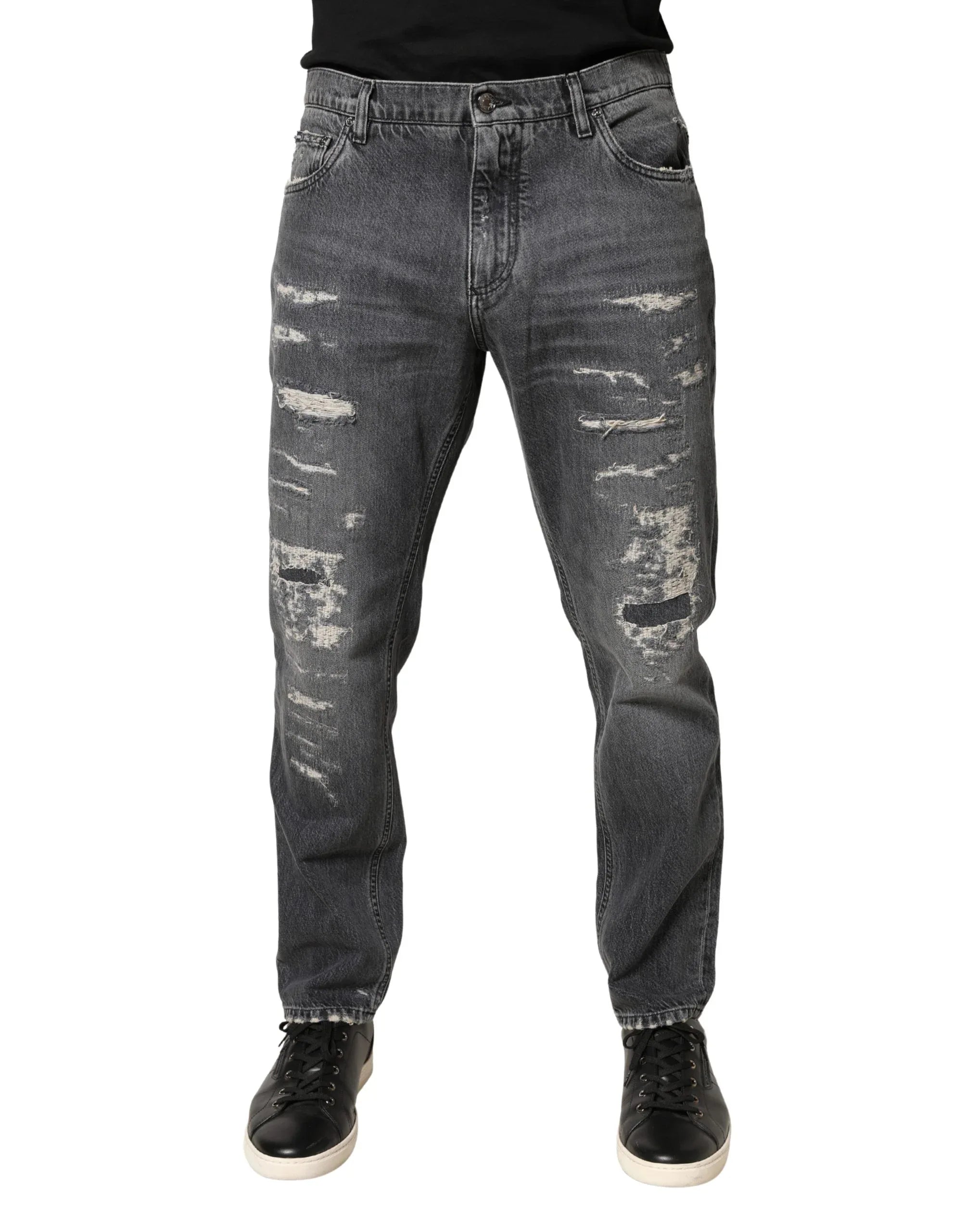 Dolce & Gabbana Dark Gray Tattered Cotton Loose Denim Jeans - Zeiniez
