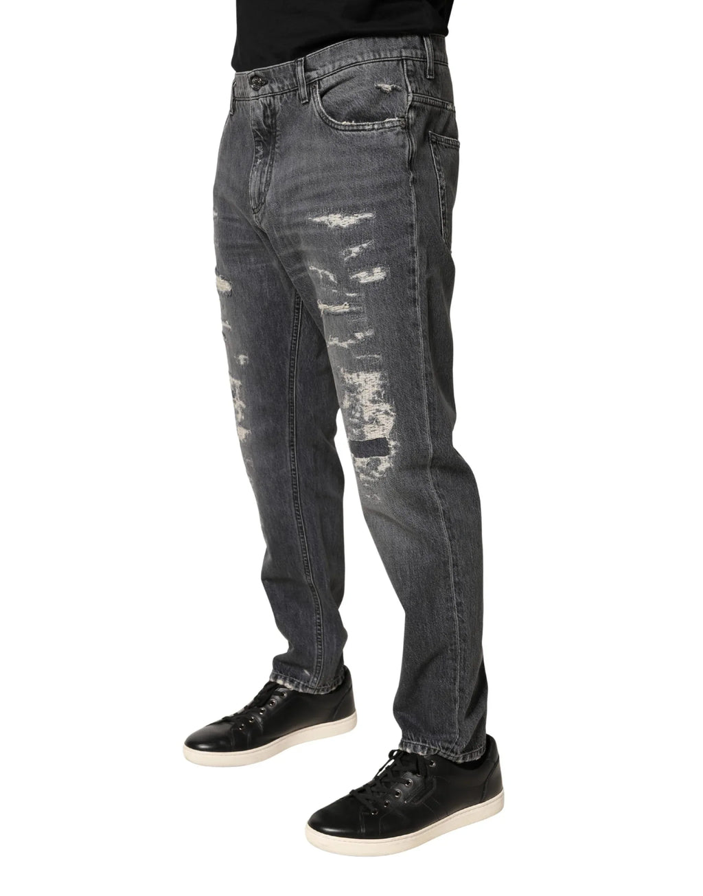 Dolce & Gabbana Dark Gray Tattered Cotton Loose Denim Jeans - Zeiniez
