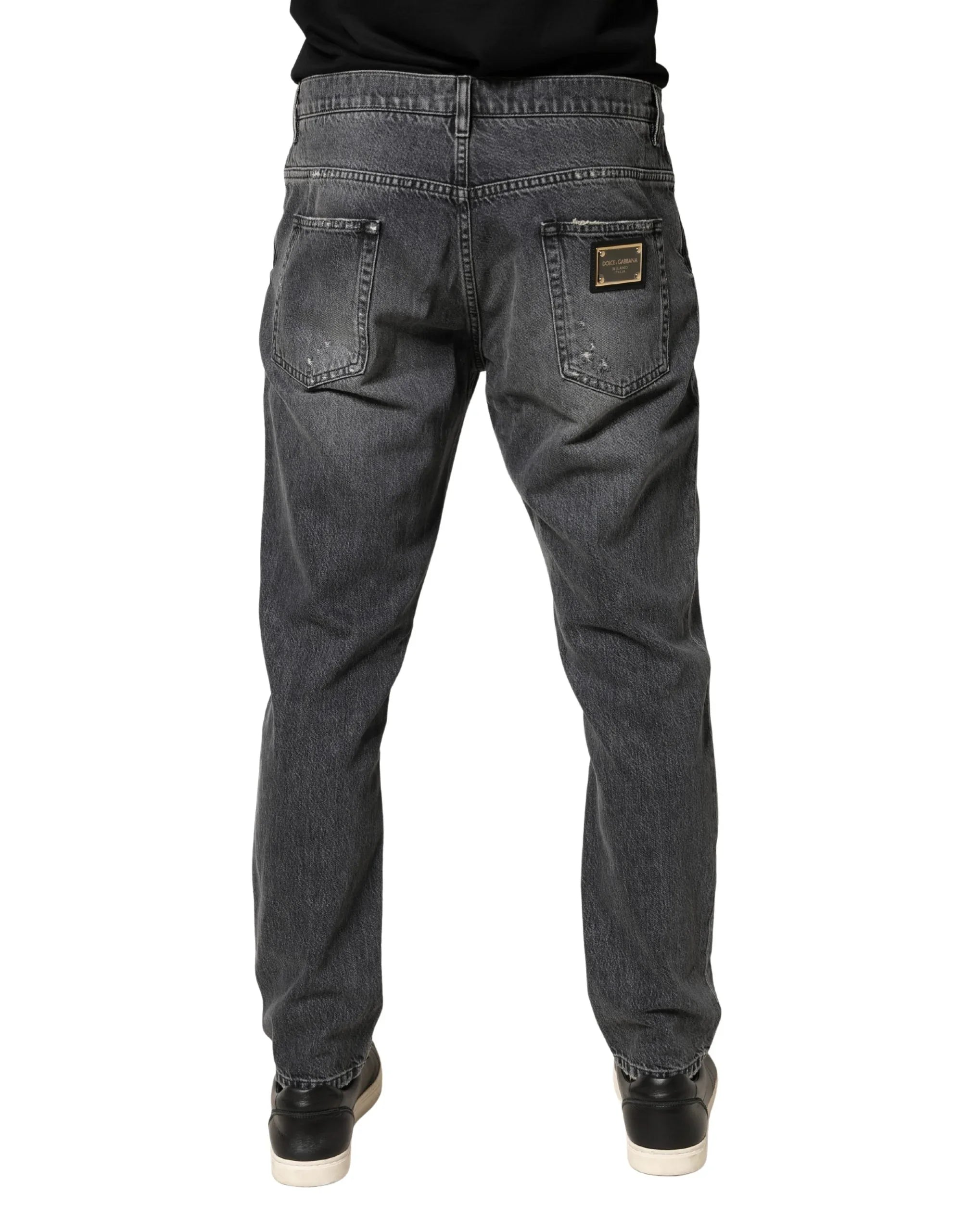 Dolce & Gabbana Dark Gray Tattered Cotton Loose Denim Jeans - Zeiniez
