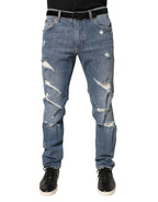 Dolce & Gabbana Blue Tattered Slim Fit Cotton Denim Jeans - Zeiniez