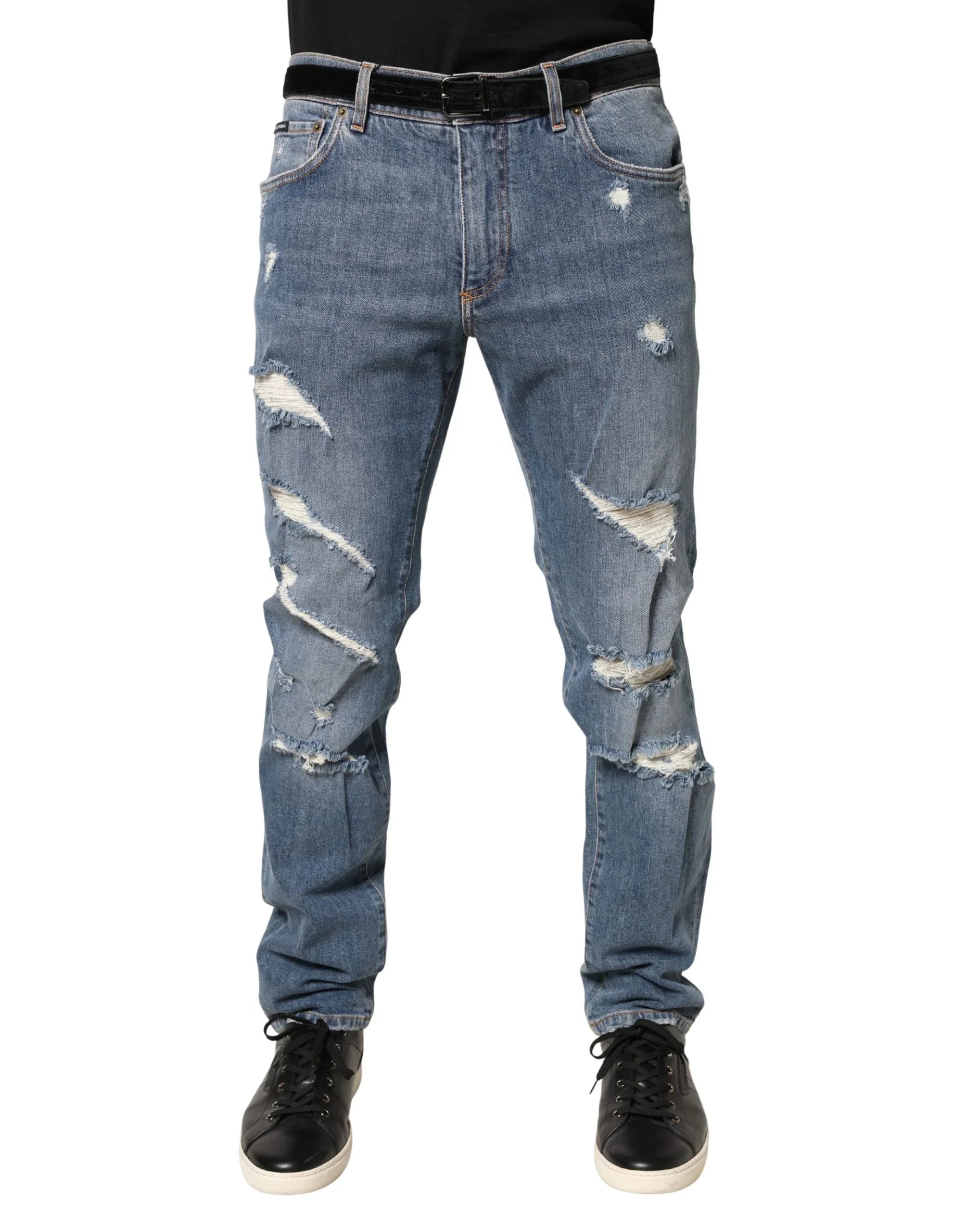 Dolce & Gabbana Blue Tattered Slim Fit Cotton Denim Jeans - Zeiniez