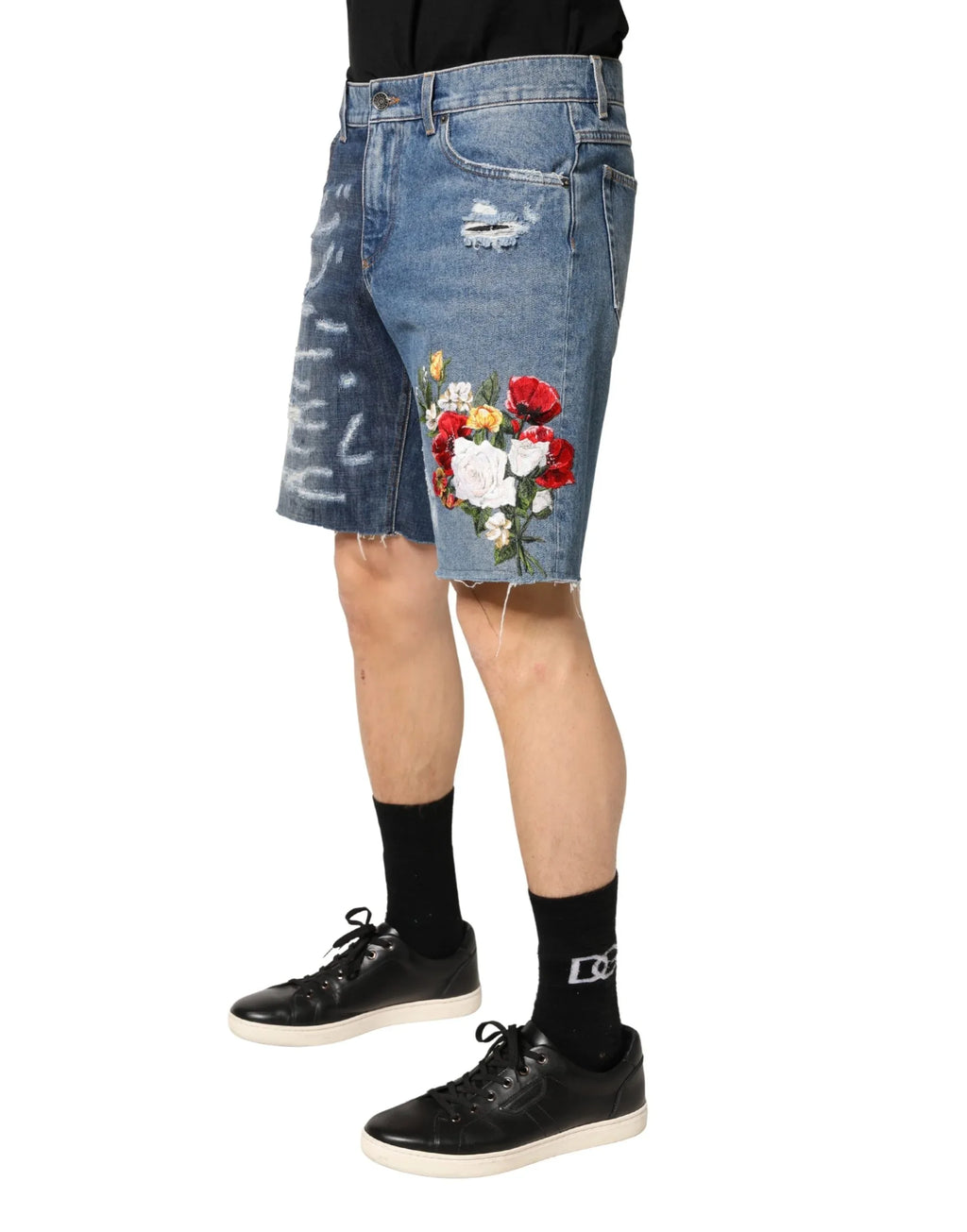 Dolce & Gabbana Blue Floral Embroidery Tattered Denim Shorts - Zeiniez