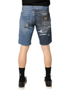 Dolce & Gabbana Blue Floral Embroidery Tattered Denim Shorts - Zeiniez