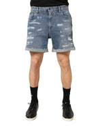Dolce & Gabbana Blue Cotton Distressed Denim Bermuda Shorts - Zeiniez