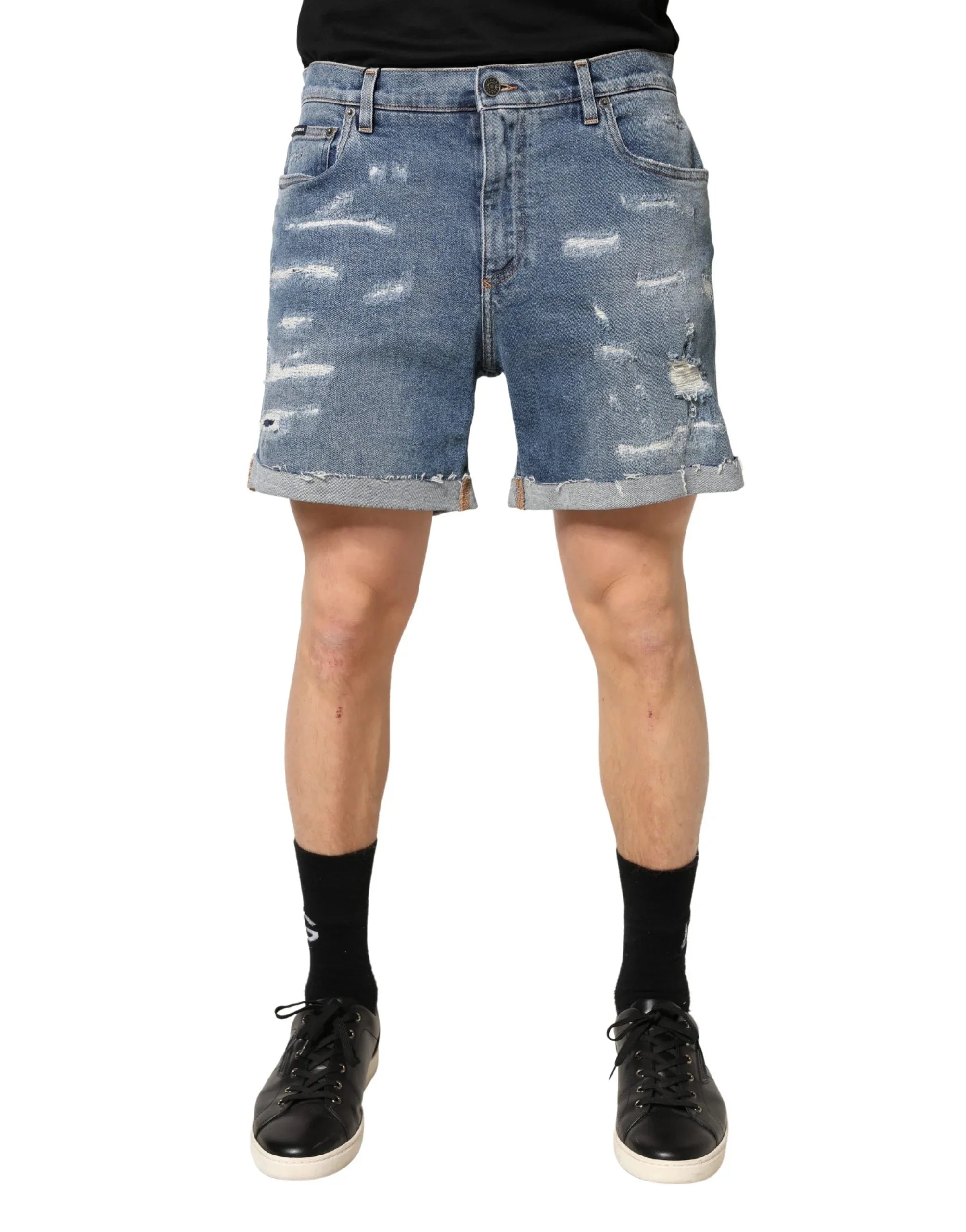 Dolce & Gabbana Blue Cotton Distressed Denim Bermuda Shorts - Zeiniez