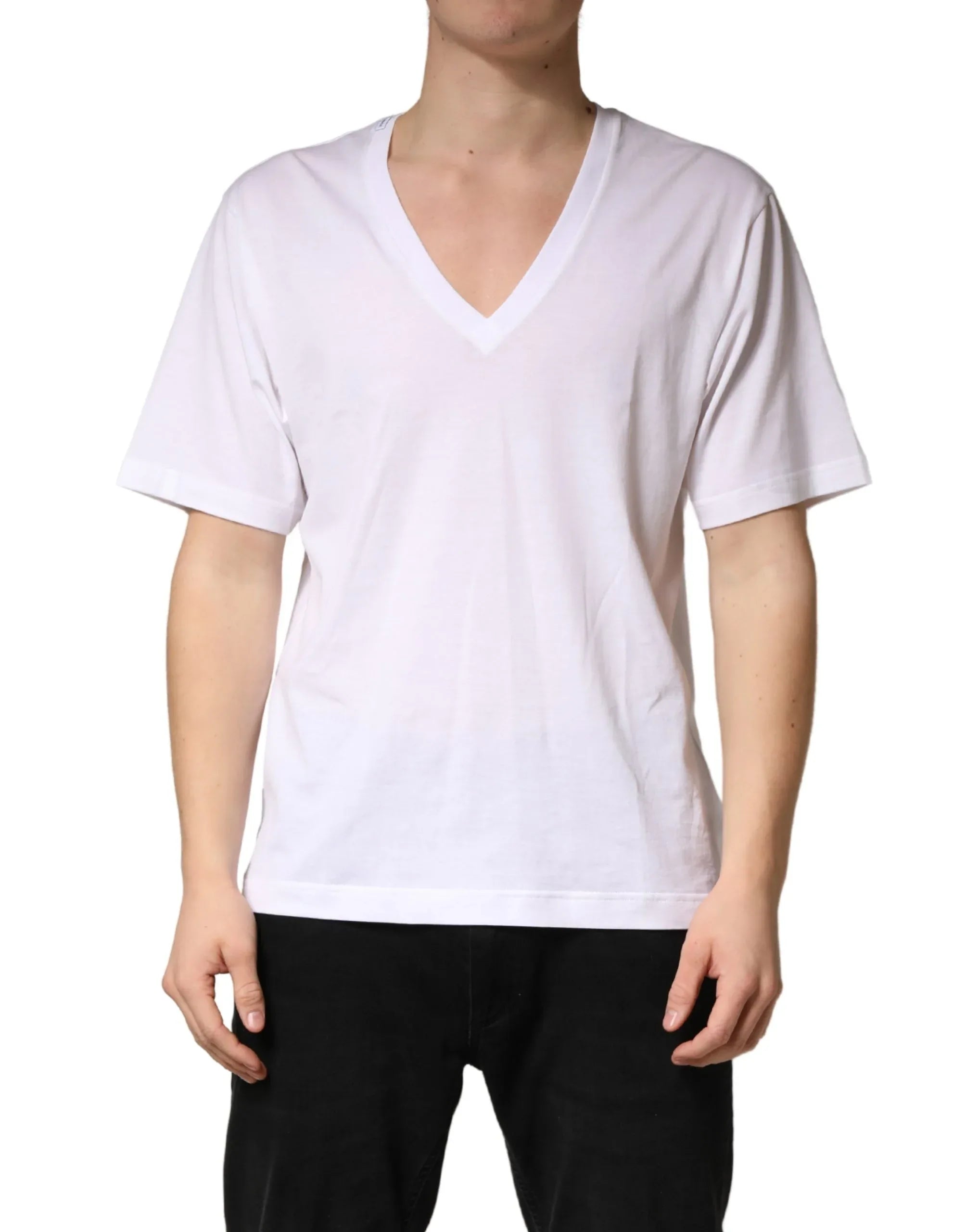 Dolce & Gabbana White Cotton Plain V-Neck Men Shirt T-shirt - Zeiniez