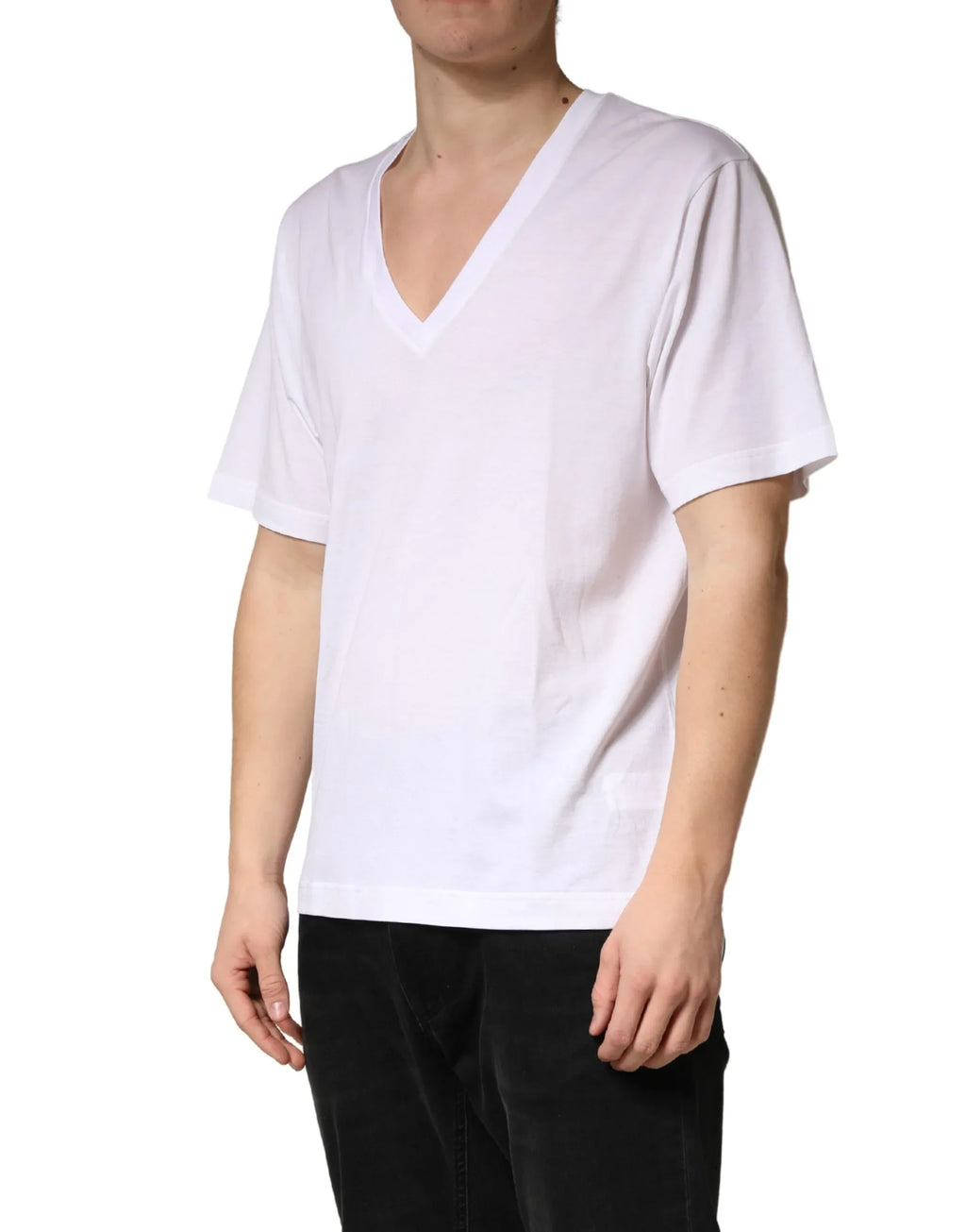 Dolce & Gabbana White Cotton Plain V-Neck Men Shirt T-shirt - Zeiniez