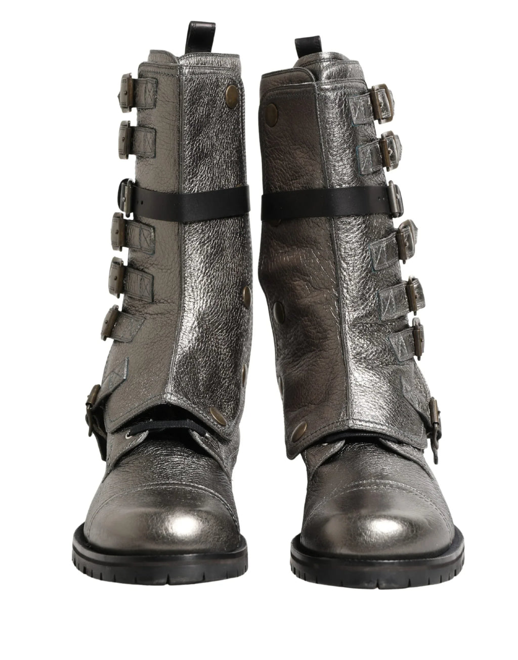 Dolce & Gabbana Metallic Silver Combat Biker Mid Calf Boots Shoes - Zeiniez