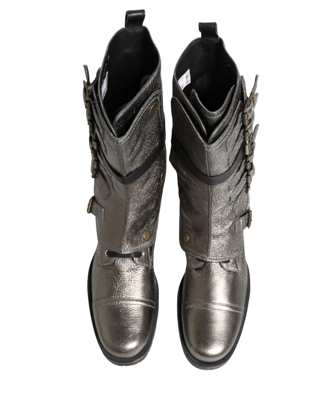 Dolce & Gabbana Metallic Silver Combat Biker Mid Calf Boots Shoes - Zeiniez