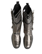 Dolce & Gabbana Metallic Silver Combat Biker Mid Calf Boots Shoes - Zeiniez