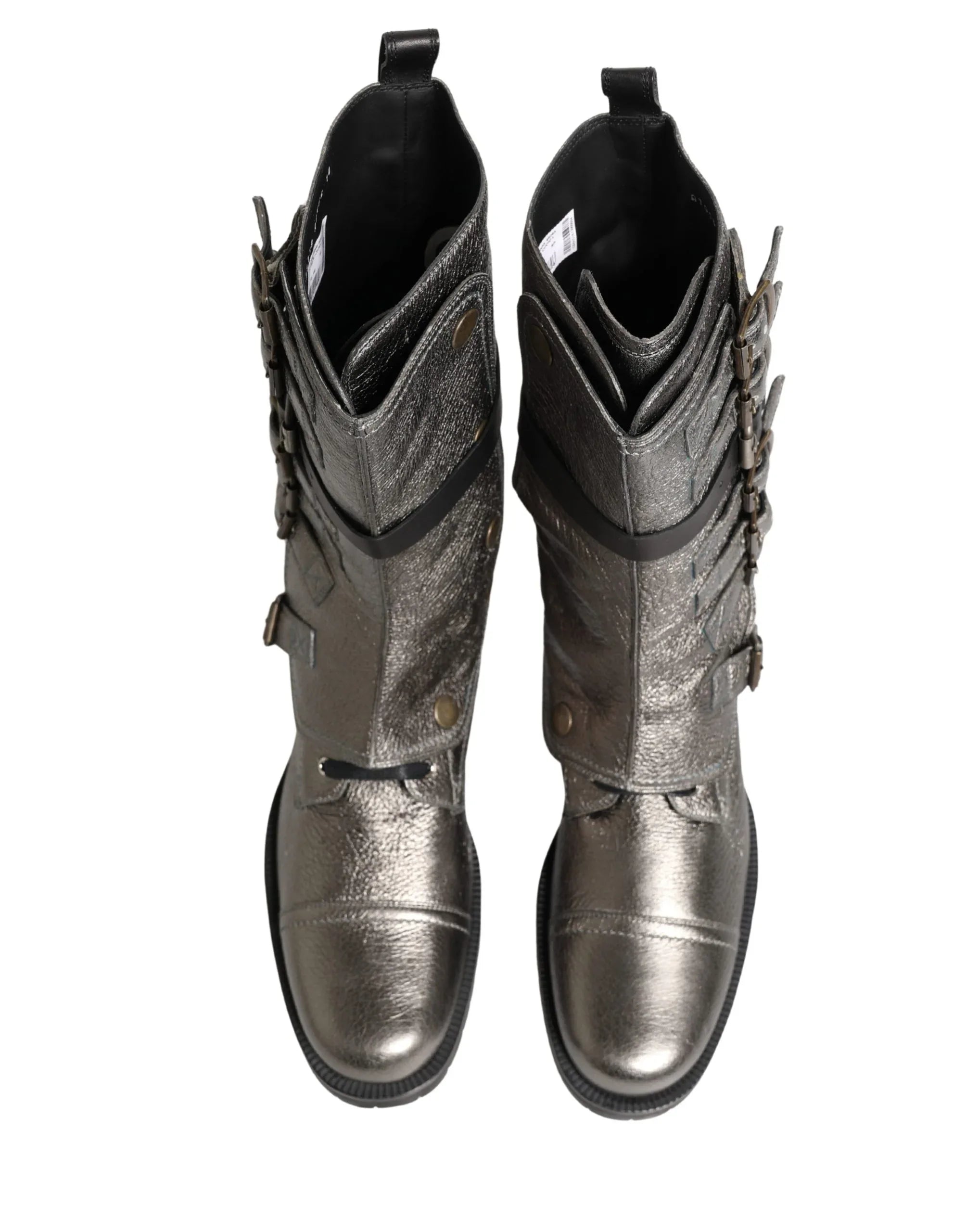Dolce & Gabbana Metallic Silver Combat Biker Mid Calf Boots Shoes - Zeiniez