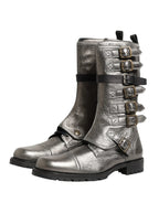 Dolce & Gabbana Metallic Silver Combat Biker Mid Calf Boots Shoes - Zeiniez
