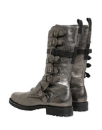 Dolce & Gabbana Metallic Silver Combat Biker Mid Calf Boots Shoes - Zeiniez