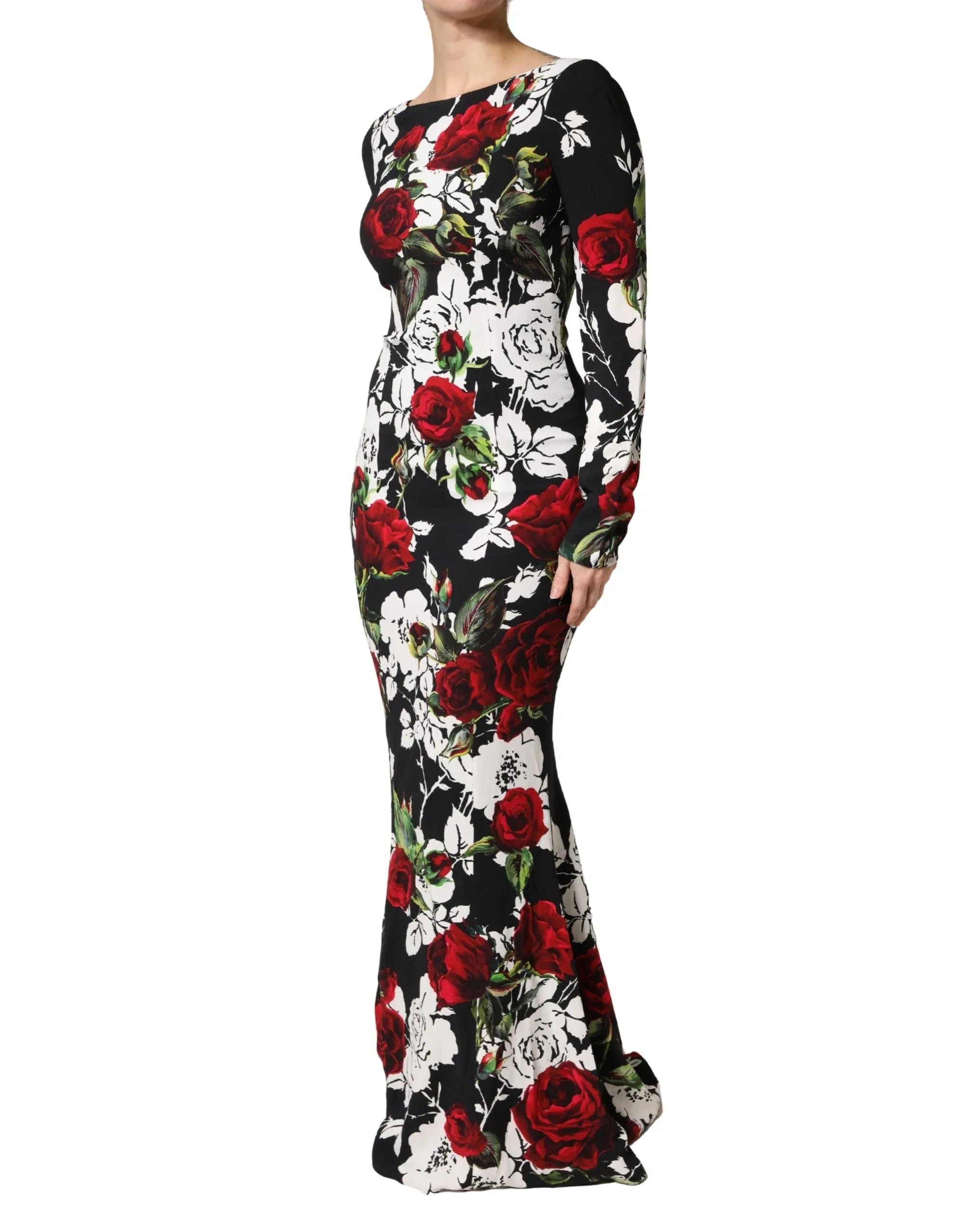 Dolce & Gabbana Black Floral Viscose Bodycon Long Gown Dress - Zeiniez