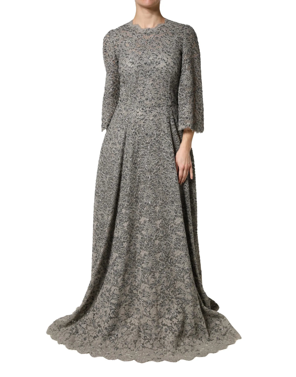 Dolce & Gabbana Gray Lace Long Sleeves Cotton Maxi Dress - Zeiniez