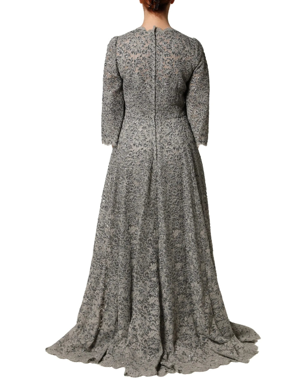 Dolce & Gabbana Gray Lace Long Sleeves Cotton Maxi Dress - Zeiniez