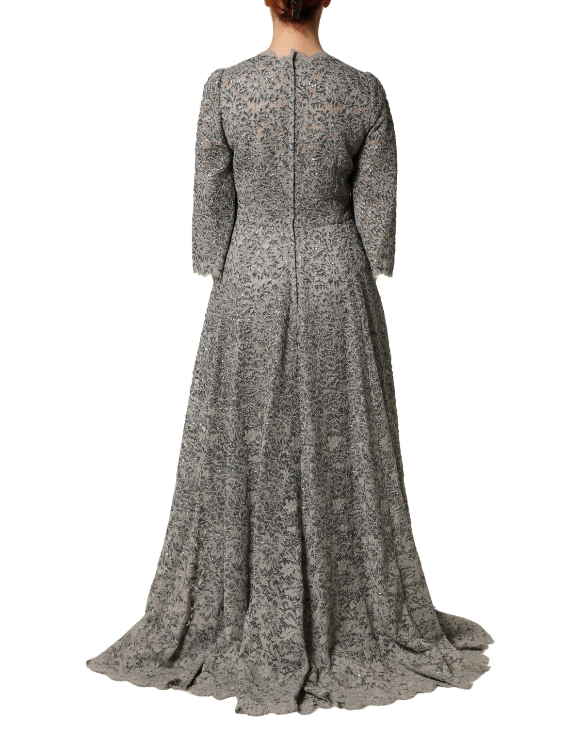 Dolce & Gabbana Gray Lace Long Sleeves Cotton Maxi Dress
