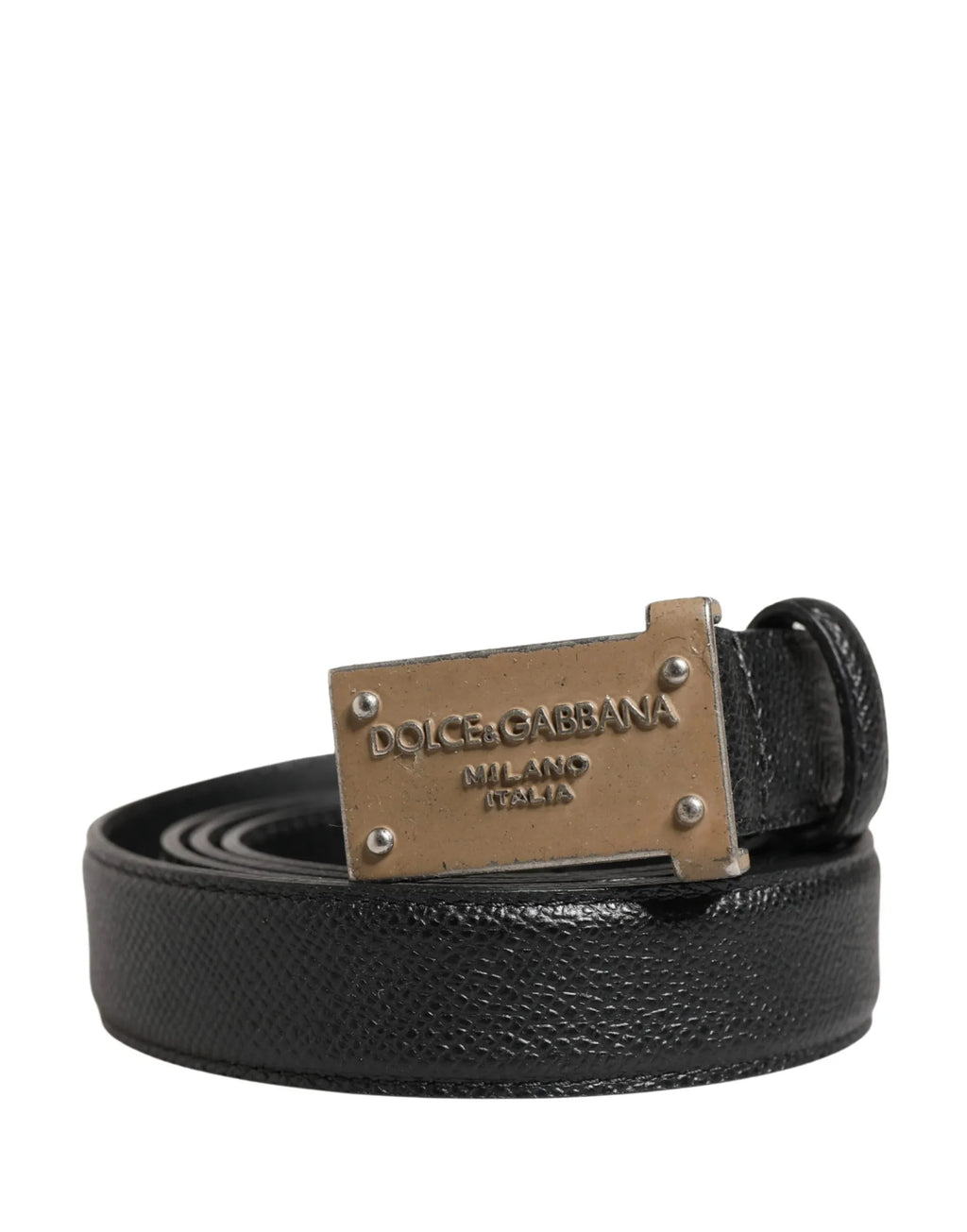 Dolce & Gabbana Men Black Calf Leather Logo Metal Buckle Belt - Zeiniez