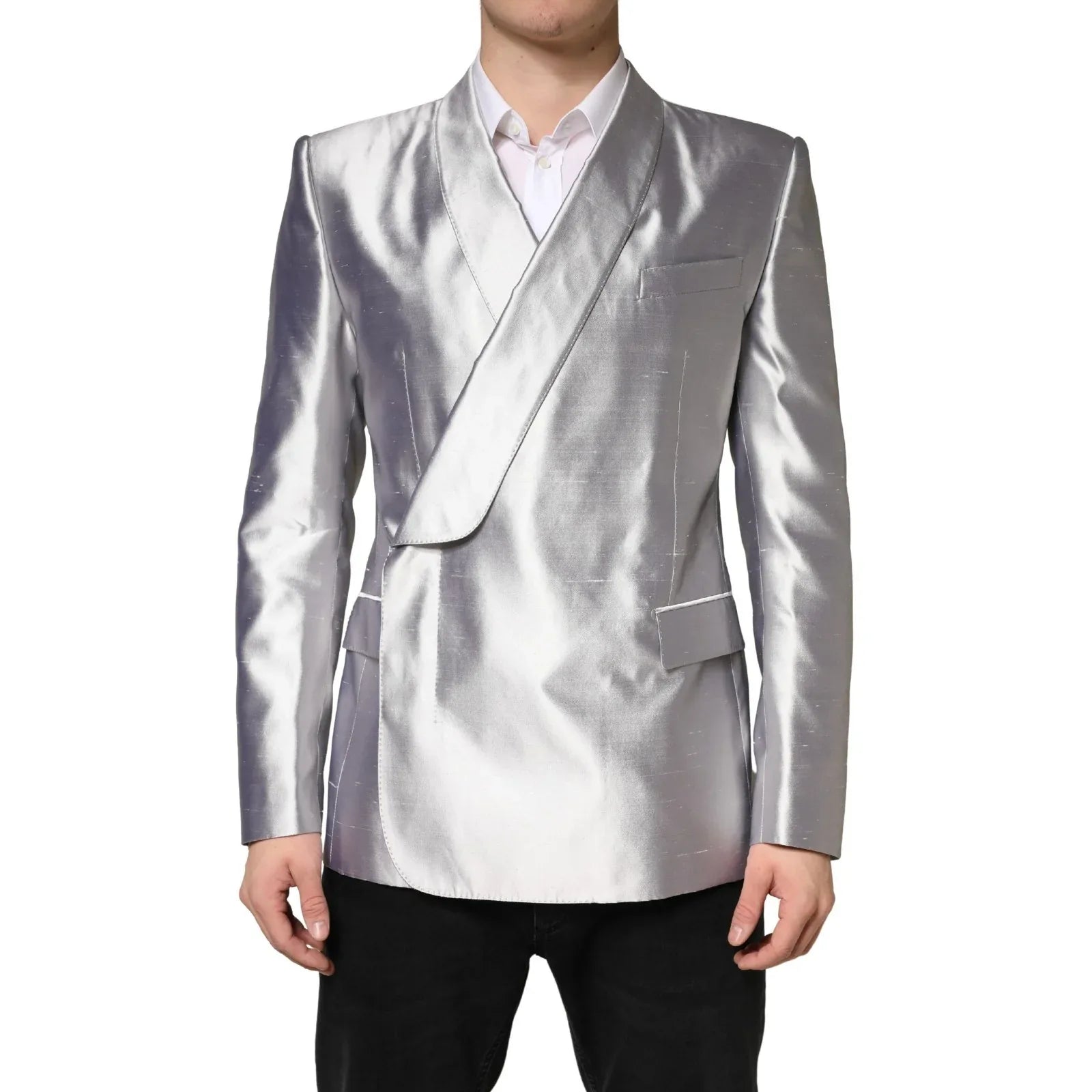 Dolce & Gabbana Silver SICILIA Silk Double Breasted Blazer - Zeiniez