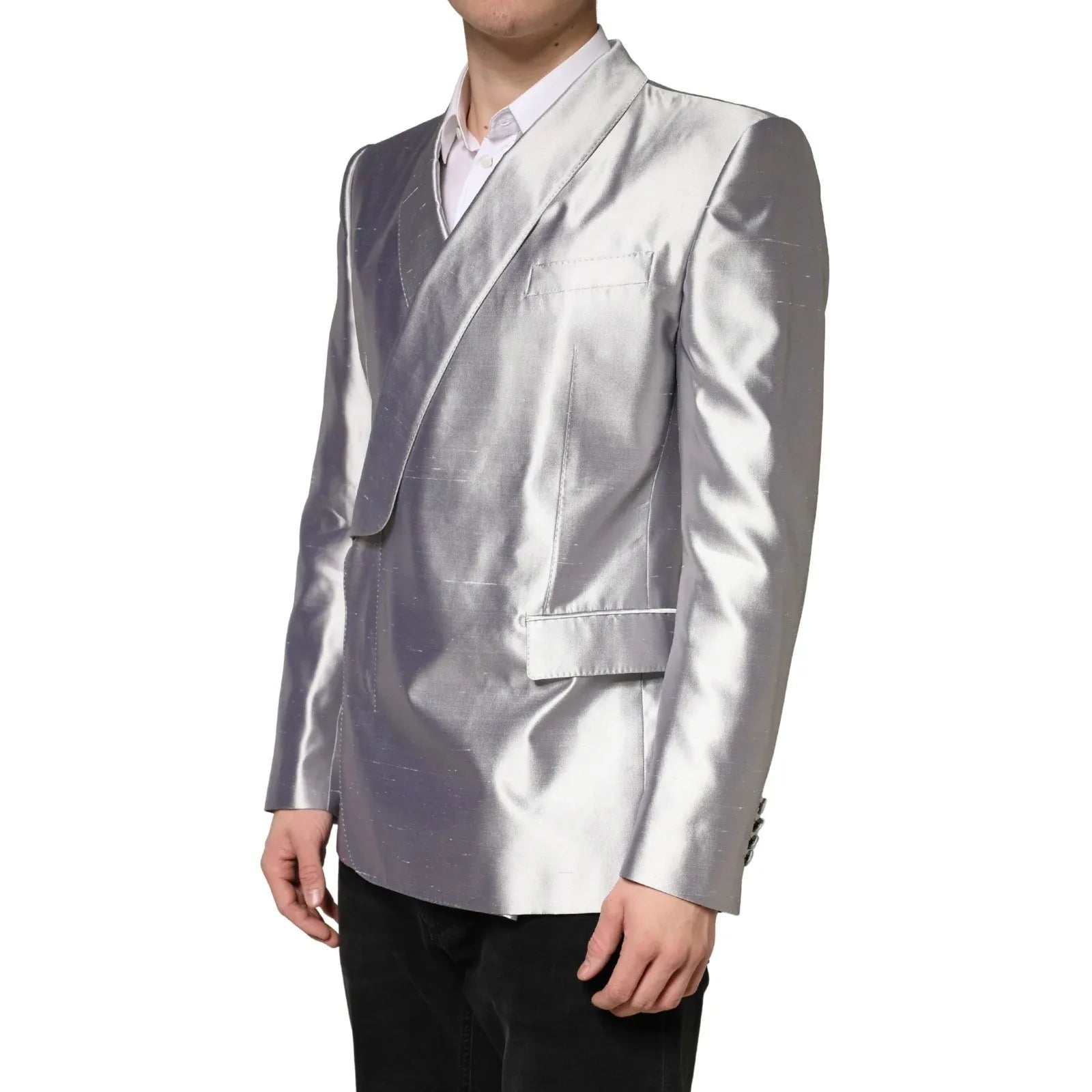 Dolce & Gabbana Silver SICILIA Silk Double Breasted Blazer - Zeiniez