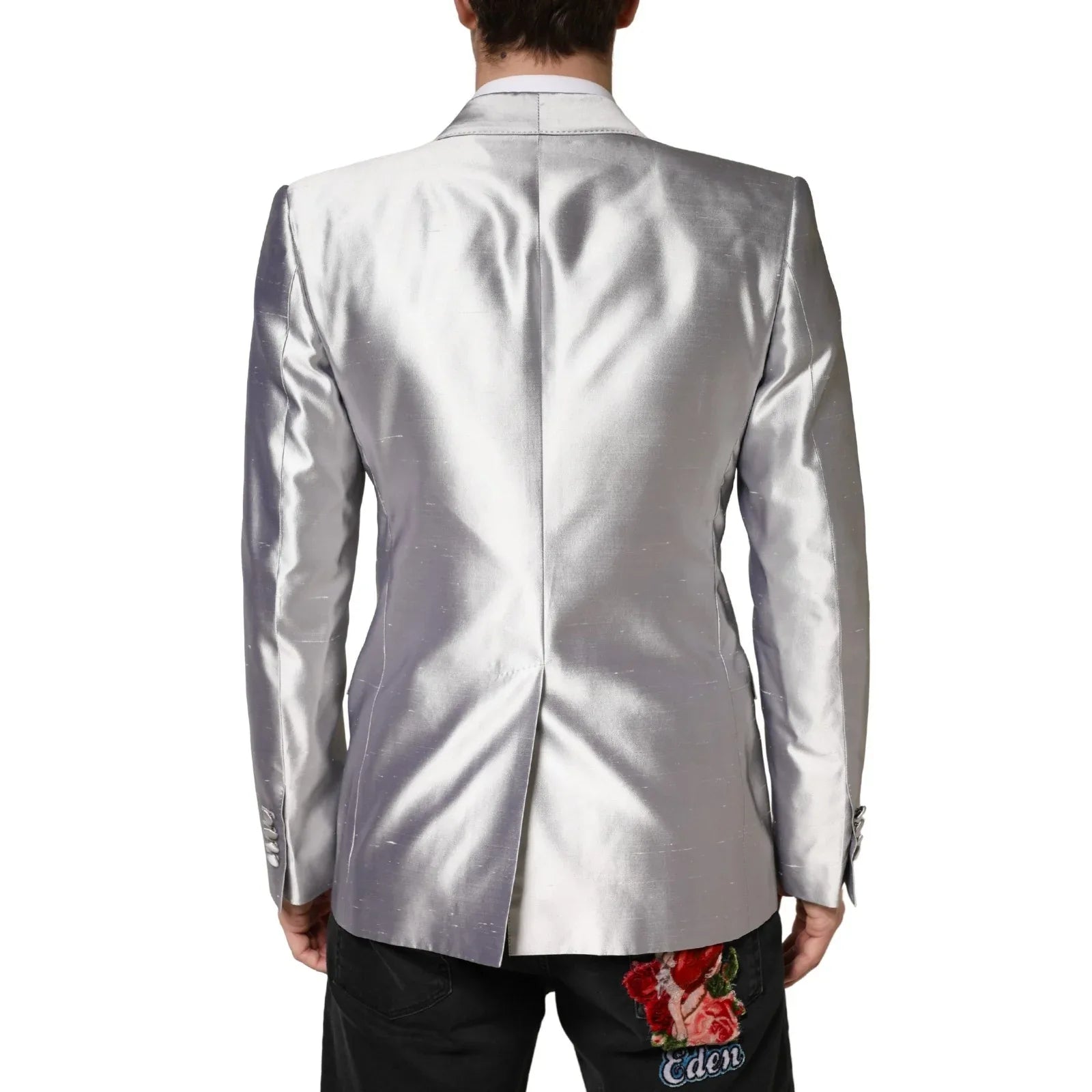 Dolce & Gabbana Silver SICILIA Silk Double Breasted Blazer - Zeiniez