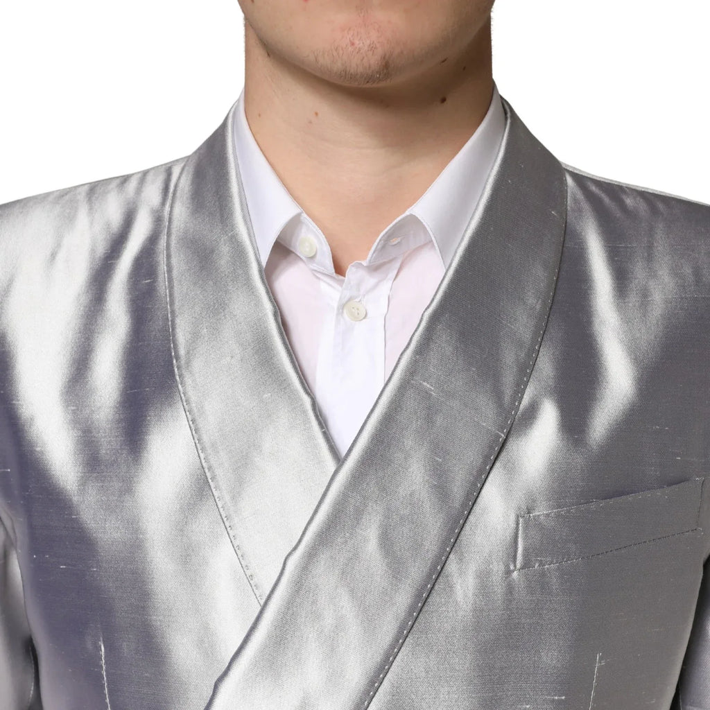Dolce & Gabbana Silver SICILIA Silk Double Breasted Blazer - Zeiniez