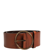 Dolce & Gabbana Men Brown Leather Wide Waist Metal Round Buckle Belt - Zeiniez