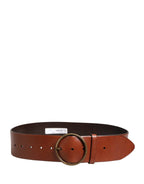 Dolce & Gabbana Men Brown Leather Wide Waist Metal Round Buckle Belt - Zeiniez