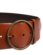 Dolce & Gabbana Men Brown Leather Wide Waist Metal Round Buckle Belt - Zeiniez