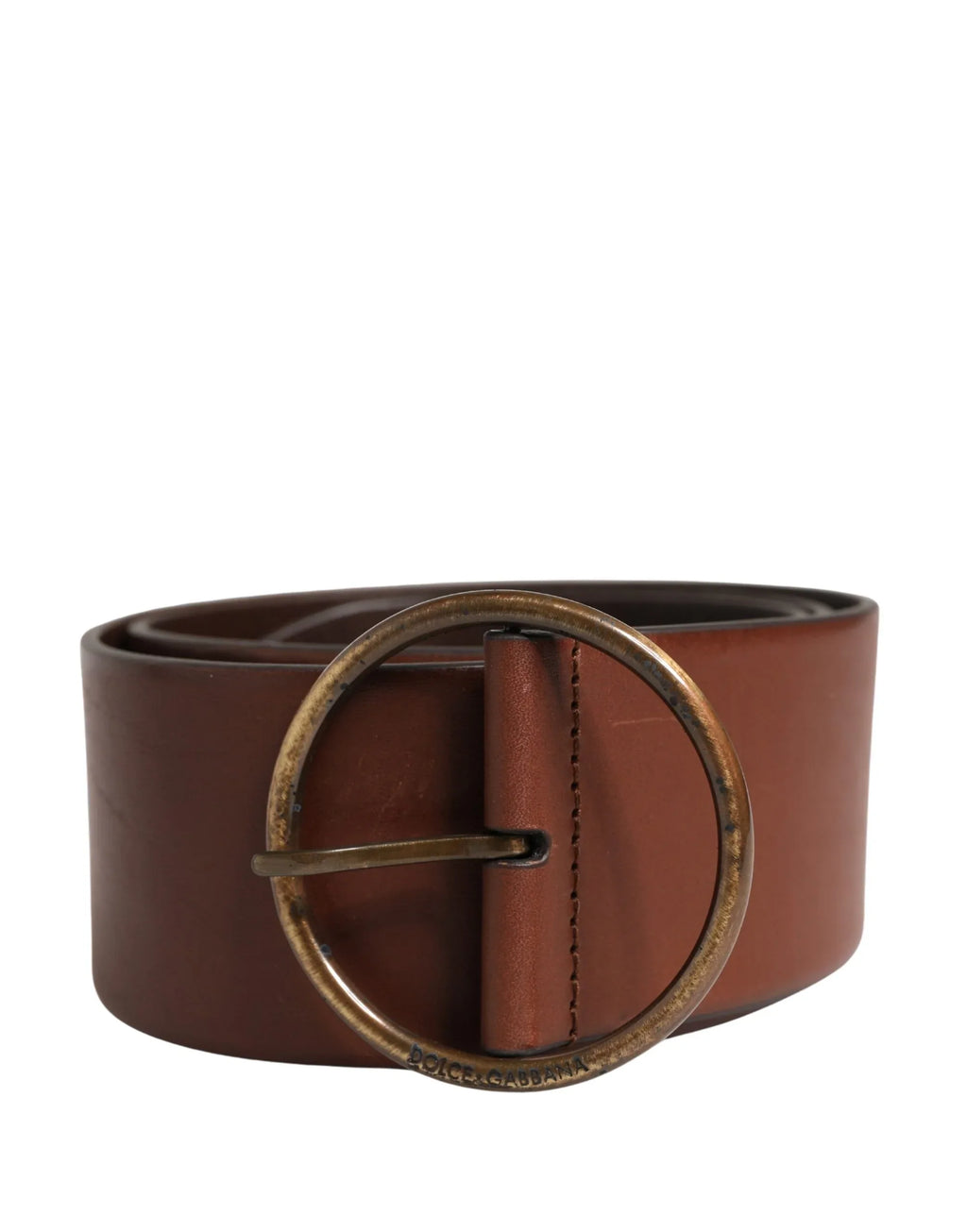 Dolce & Gabbana Brown Leather Wide Waist Metal Round Belt - Zeiniez