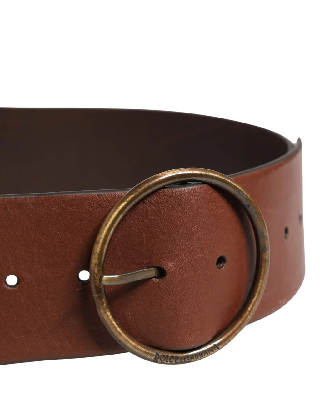 Dolce & Gabbana Brown Leather Wide Waist Metal Round Belt - Zeiniez