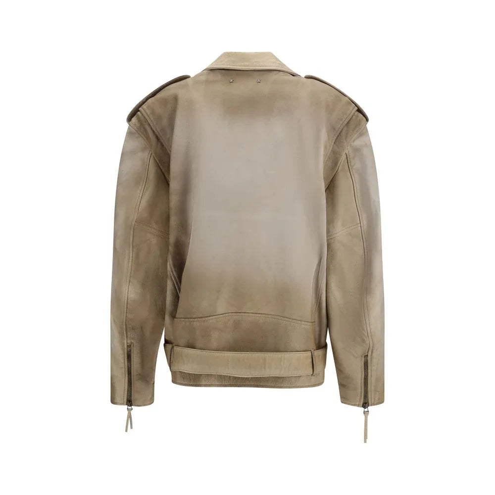 Golden Goose Beige Buffalo Leather Biker Jacket - Zeiniez
