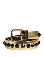 Dolce & Gabbana Gold Leather Black Crystals Metal Buckle Belt - Zeiniez