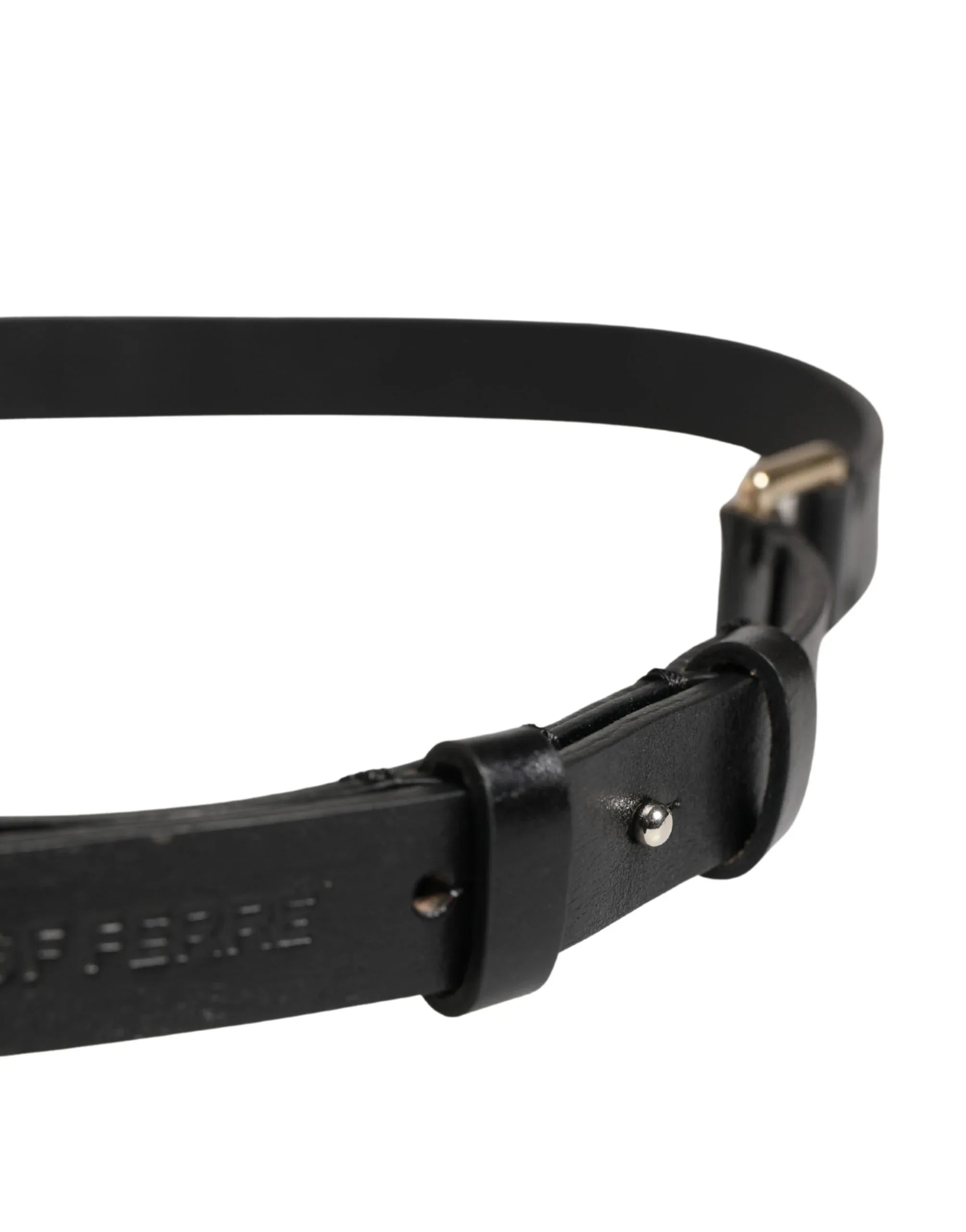 GF Ferre Black Leather Thin Gold Metal Brass Buckle Waist Belt - Zeiniez