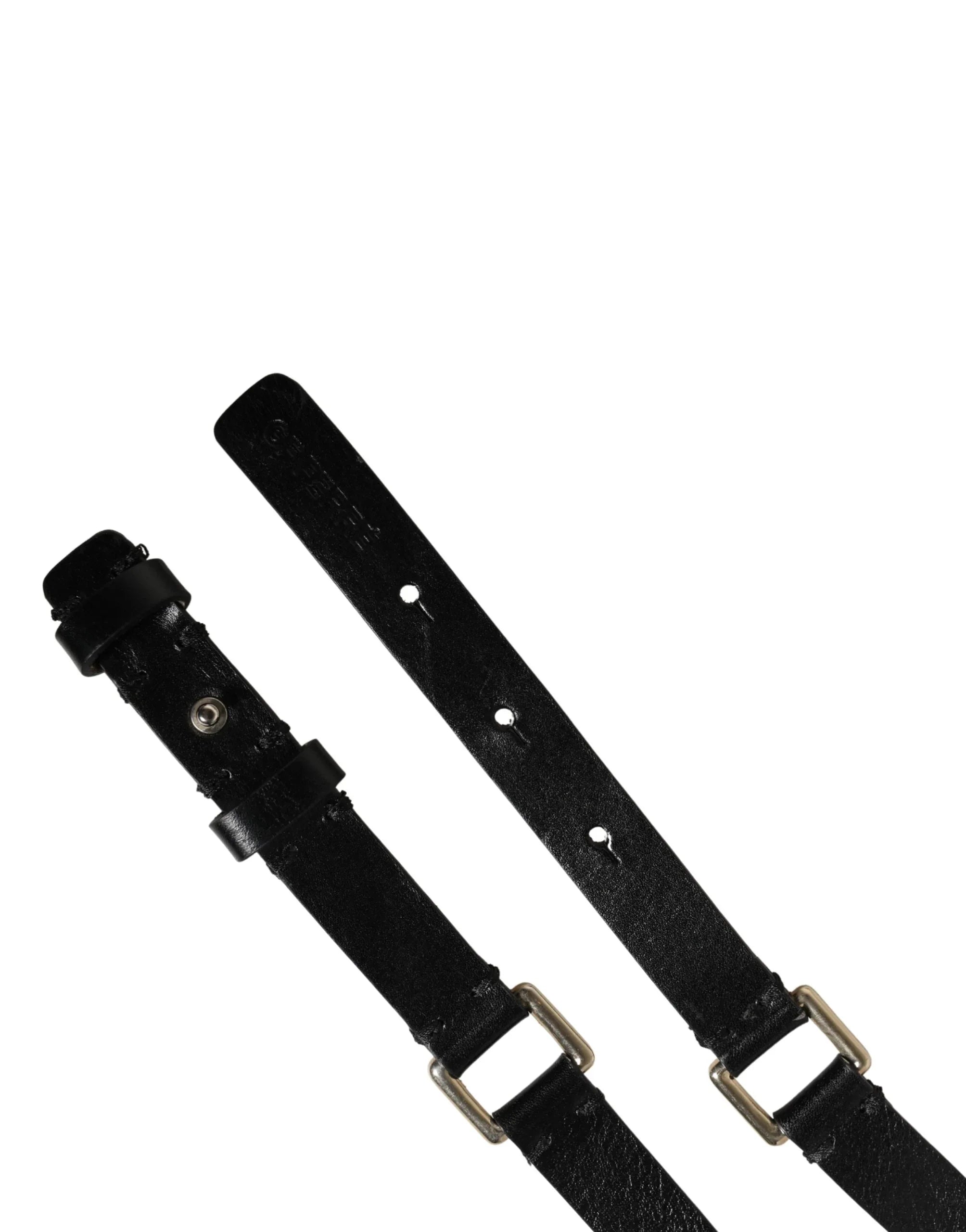 GF Ferre Black Leather Thin Gold Metal Brass Buckle Waist Belt - Zeiniez